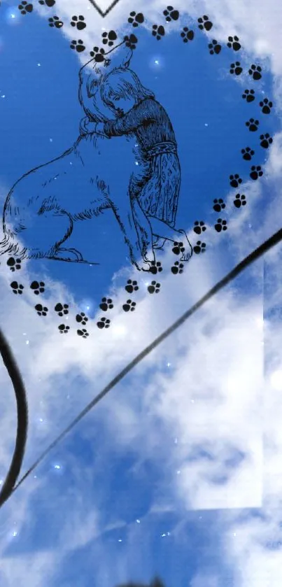 Heart-shaped dog and child silhouette against a cloudy blue sky.