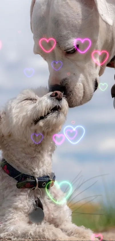 Two friendly dogs sharing a tender moment outdoors.