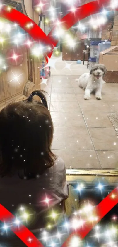 Child and dog in red heart-framed setting with sparkling lights.