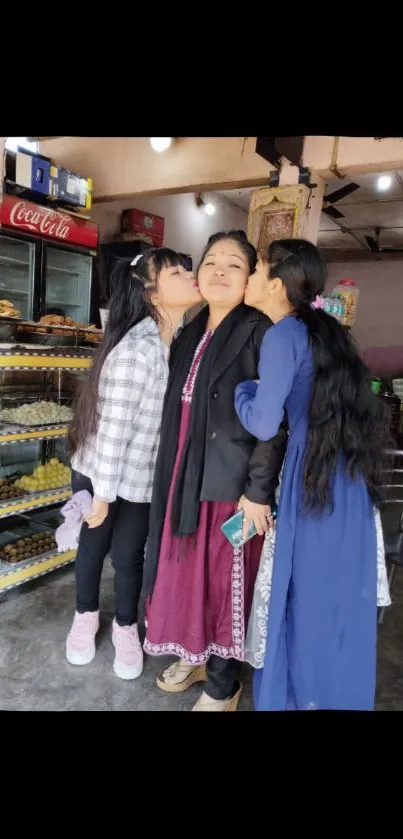 Family sharing a loving moment in a bakery.