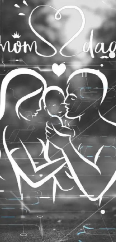 Silhouette of parents holding a baby with heart background.