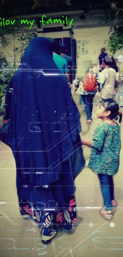 Mother and child walking with digital accents, navy theme.