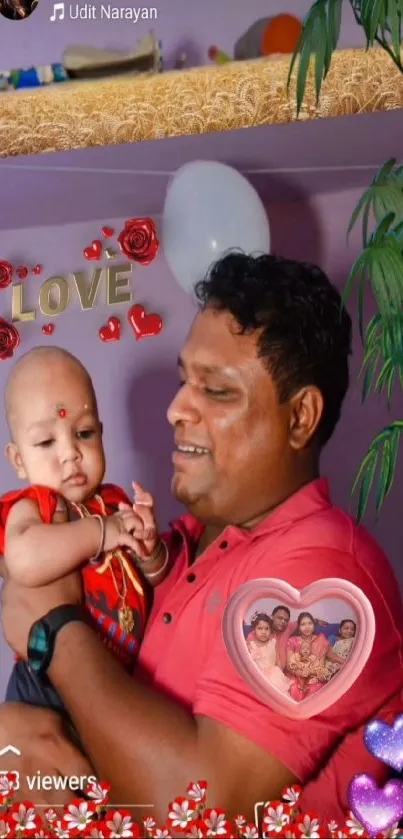 Father holds child with love-themed wallpaper design.