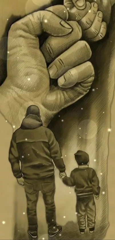 Father and son holding hands in a touching sketch.