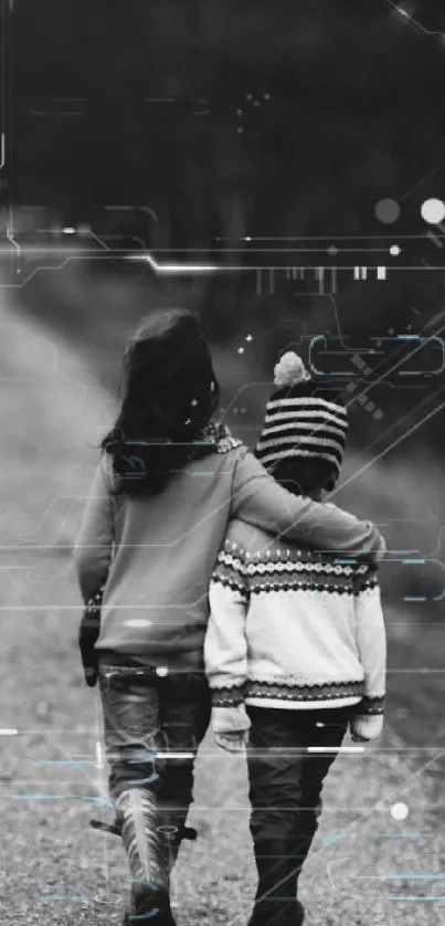 Black and white image of two children walking on a path, symbolizing friendship.