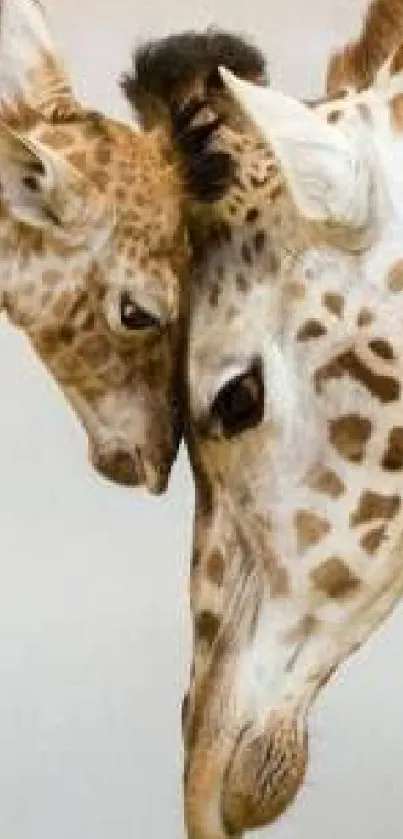 Giraffe mother and calf touching heads with love.
