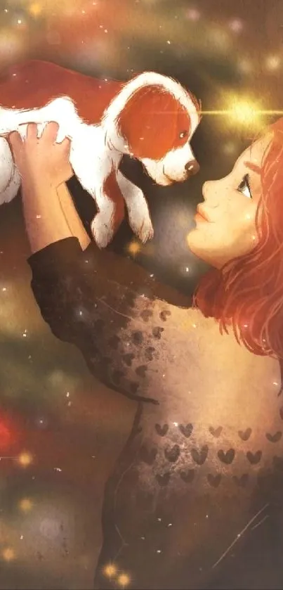 Red-haired girl holds puppy in warm, glowing artwork scene.