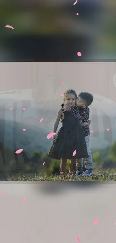 Children embracing in a heartwarming scene with nature backdrop.