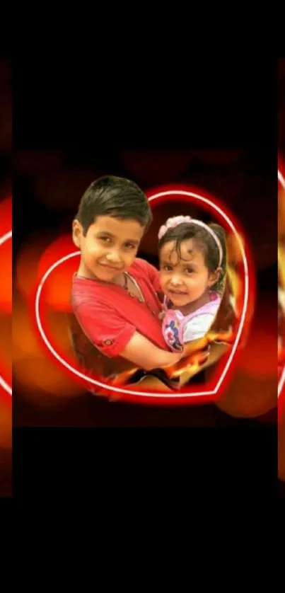 Children hugging with red heart background wallpaper.