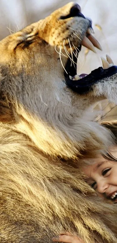 A child joyfully embraces a majestic lion in the wild.