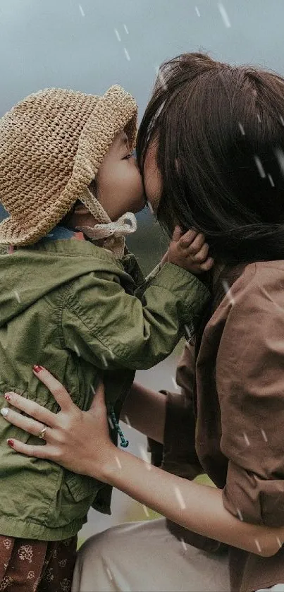 Mother and child share a loving kiss outdoors with lush greenery around.