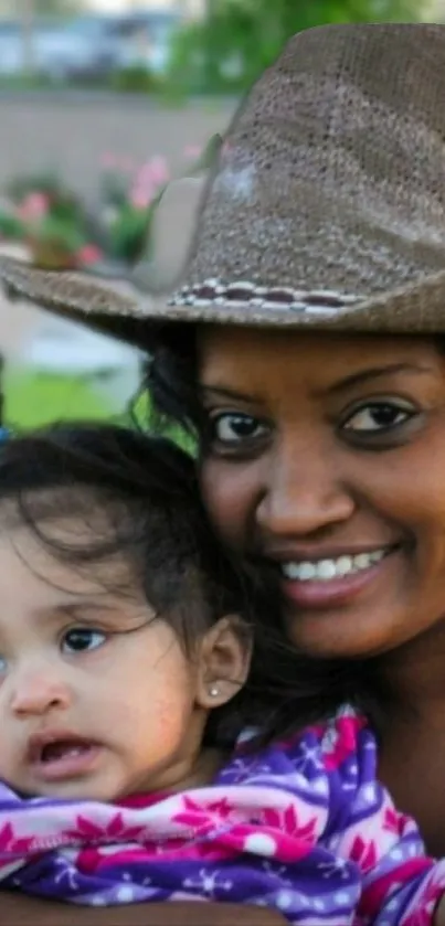 Mother with child in garden, smiling with love.