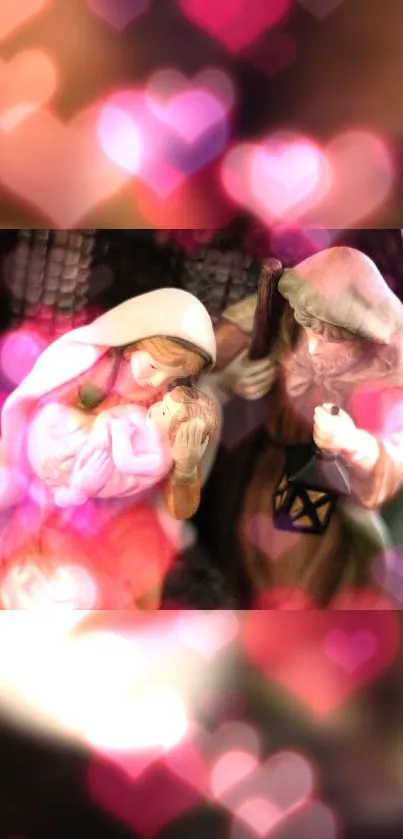 Heartwarming nativity scene with pink heart bokeh background.