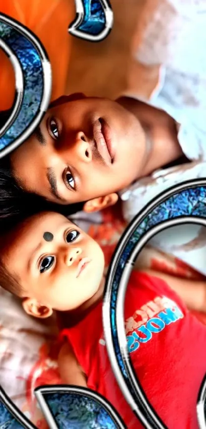 A heartwarming image of a boy and baby lying on a bed with decorative elements.