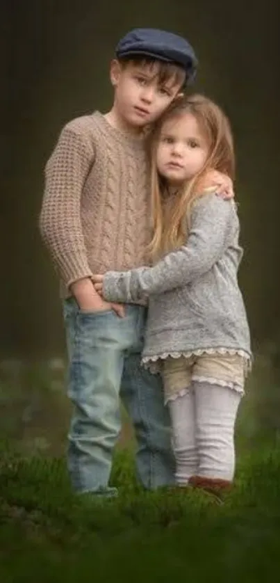 Brother and sister embracing in olive green setting wallpaper.