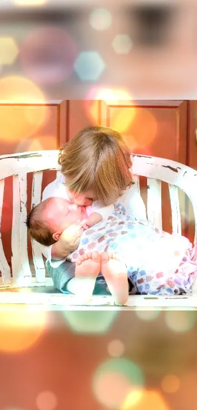 Heartwarming sibling moment with bokeh effect on rustic bench.