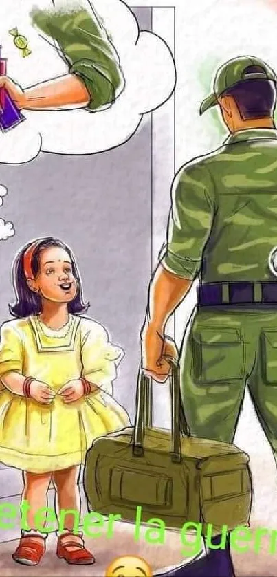 Illustration of soldier and child conveying a peaceful message.