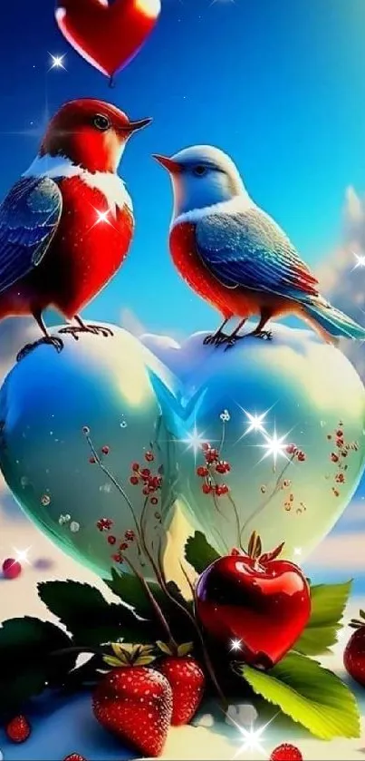 Vibrant birds on a heart with strawberries in a snowy winter scene.