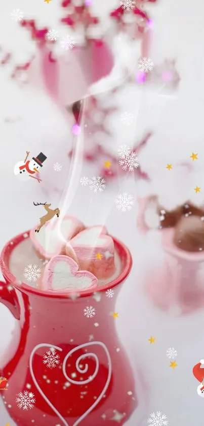 Red mug with heart design in winter snow scene with steam.