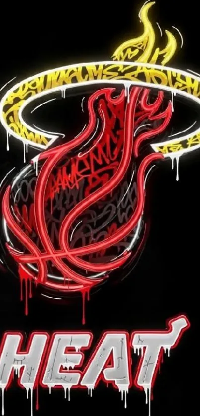 Neon graffiti of flaming basketball logo on black background.