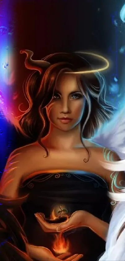 Fantasy artwork of an angelic and demonic figure with fiery and ethereal effects.