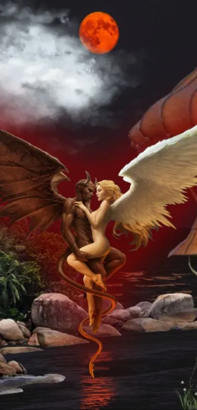 Angel and demon embrace under red moon in fantasy art scene.