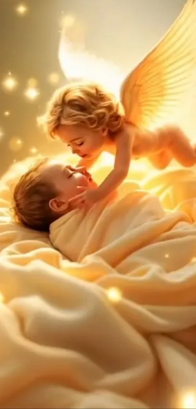 Angel watching over sleeping baby in heavenly light.