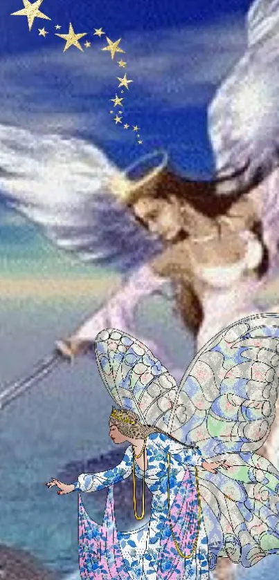 Serene angel and fairy art with stars.