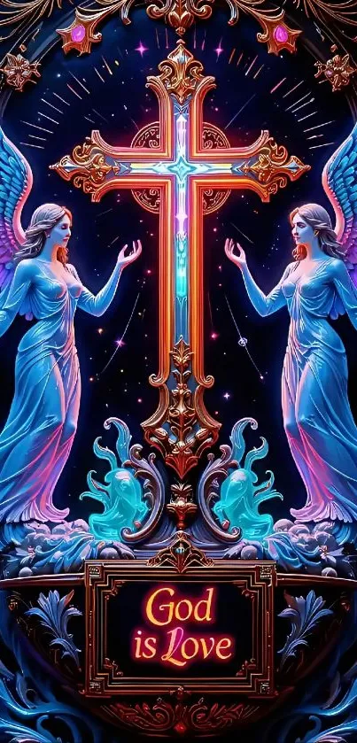 Ethereal angels surrounding a celestial cross with vibrant colors.