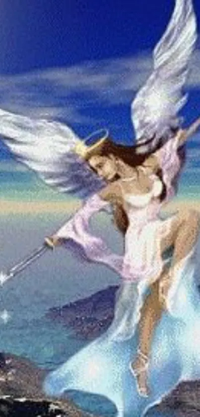 Illustration of an angel with wings and a sword against a blue sky.