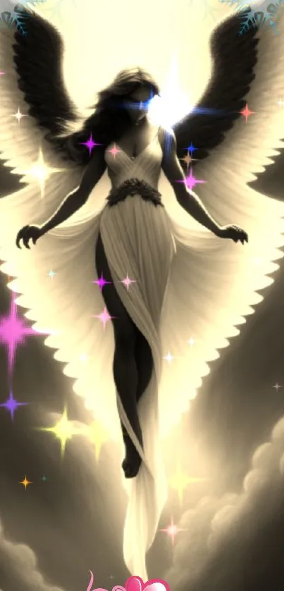 Ethereal angel with radiant light in mobile wallpaper.