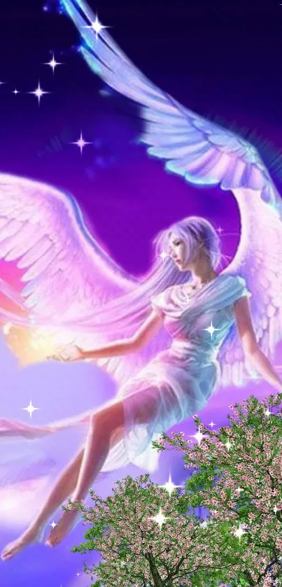 Ethereal angel flying in a starry purple sky with trees below.