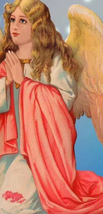 Angel with golden wings on a blue and pink background.