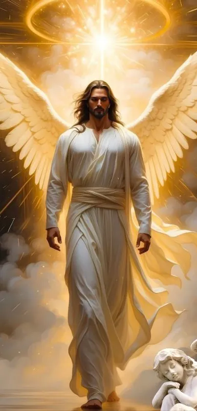 Majestic angel with golden wings in a mystical, heavenly background.