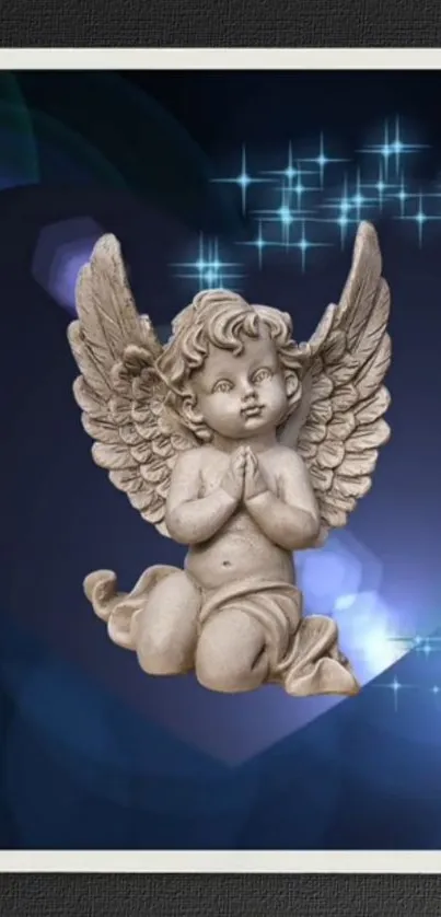 Charming angel statue with wings in glowing blue light and sparkling stars.