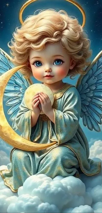 Angelic child with wings sitting on cloud with moon.