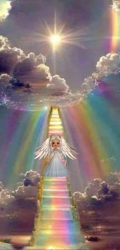 Angel on a rainbow staircase in the clouds with a celestial glow.