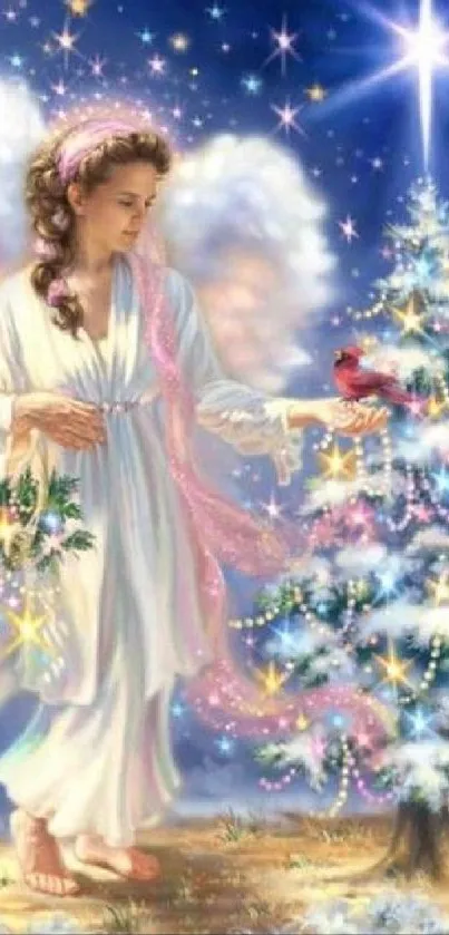Beautiful angel with Christmas tree under starry night sky.