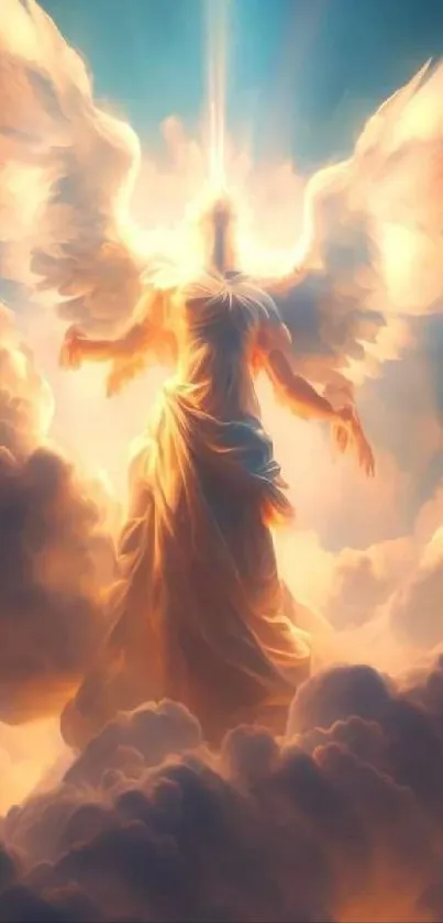 Ethereal glowing angel amidst clouds in a dreamy scene.