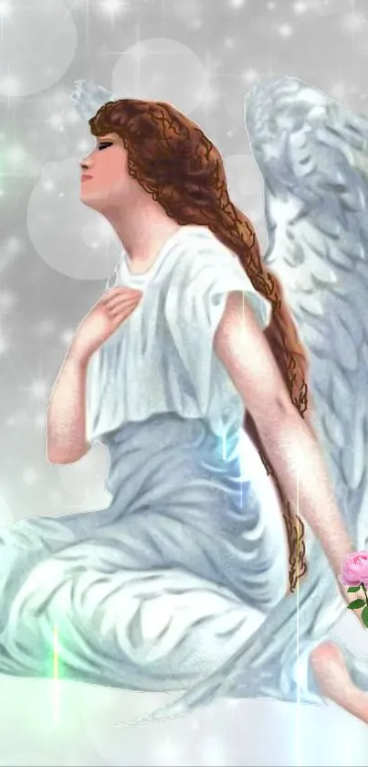 Serene angel holding a rose with celestial backdrop in mobile wallpaper.