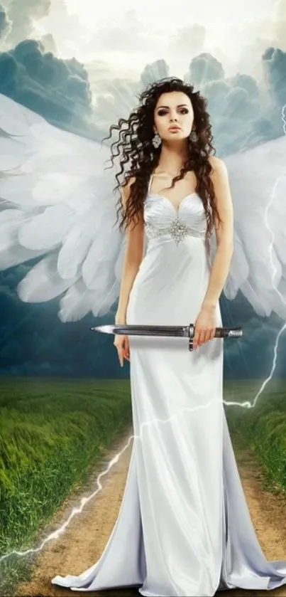 Angel with white wings and a sword, set against a stormy sky.