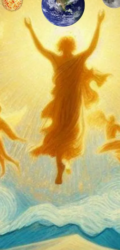 Golden angels soar in a vibrant starry sky.