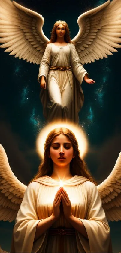 Heavenly angels with wings and glowing halos in celestial art.