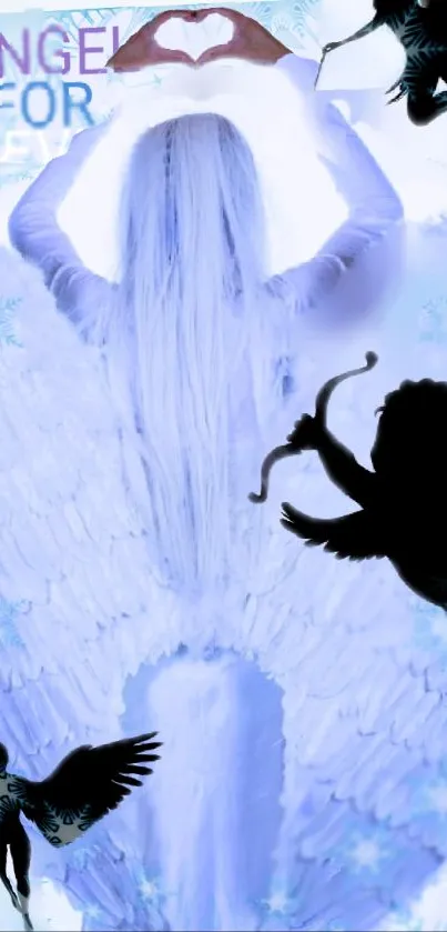 Angelic figure with wings in serene light blue tones.