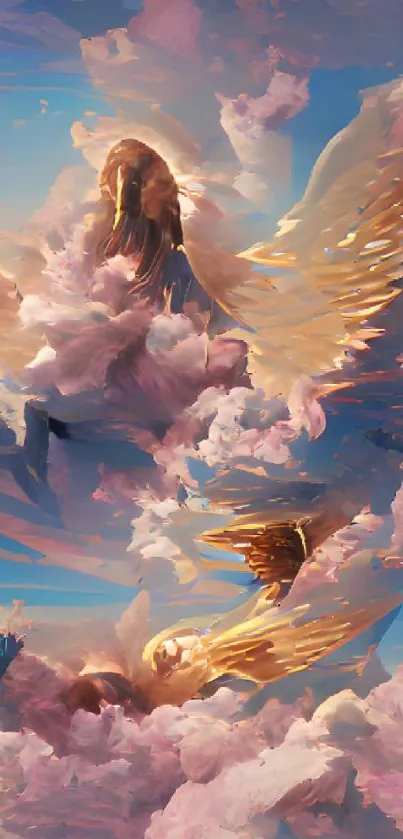 Angelic beings amidst soft fluffy clouds in a serene sky.