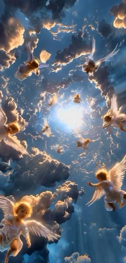 Angelic figures soar through a luminous sky in this heavenly wallpaper.