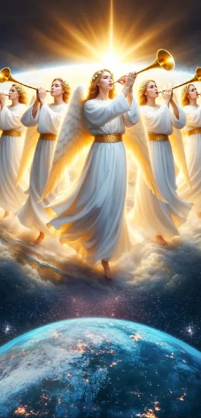 Angels blowing trumpets over Earth, with radiant heavenly light.