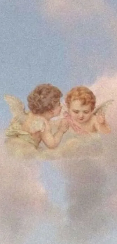 Two cherubs rest on clouds against a sky blue backdrop.