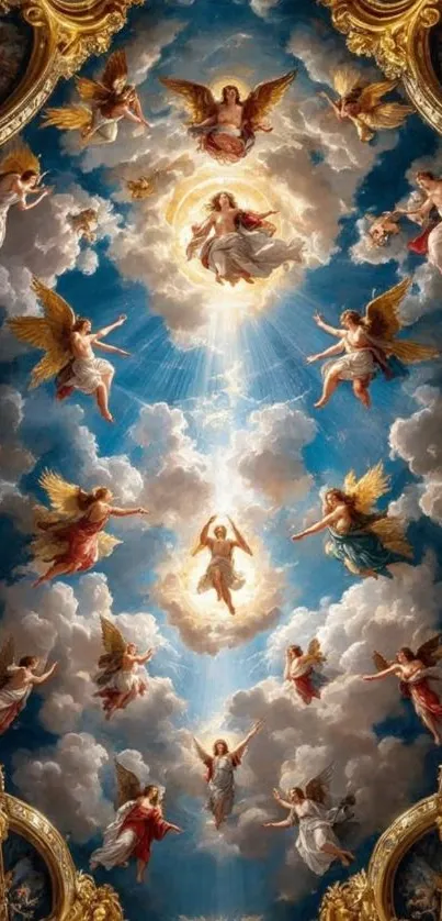 Baroque ceiling with angels and clouds in a heavenly scene.