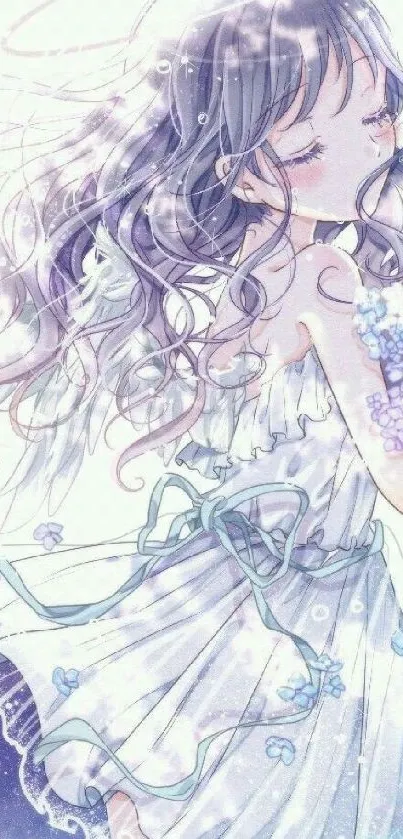 Anime girl with angelic wings and lavender glow.